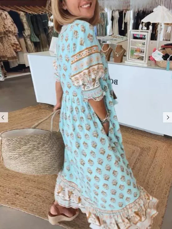 Robe trapèze bohème à col V et manches bouffantes