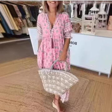 Robe trapèze bohème à col V et manches bouffantes