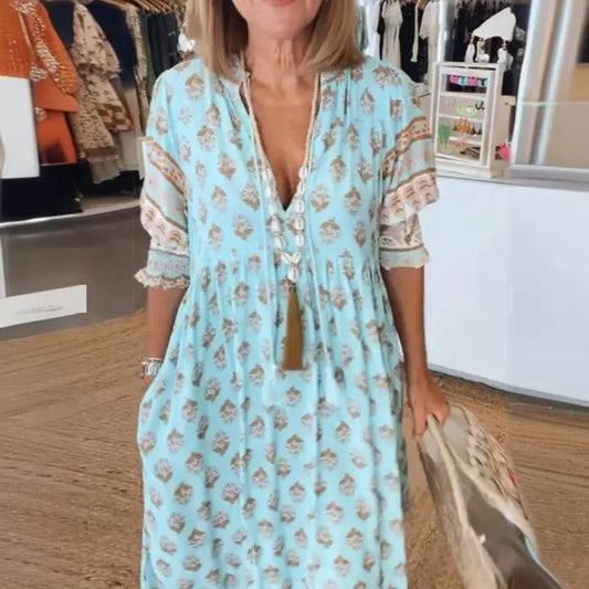 Robe trapèze bohème à col V et manches bouffantes