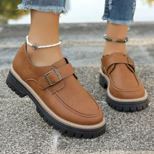 Mocassins à boucle de mode pour femmes, chaussures décontractées à semelles épaisses de style britannique - parisienne chic